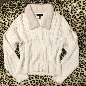 Ellen Tracy Faux Fur Collar Cardigan / Sweater